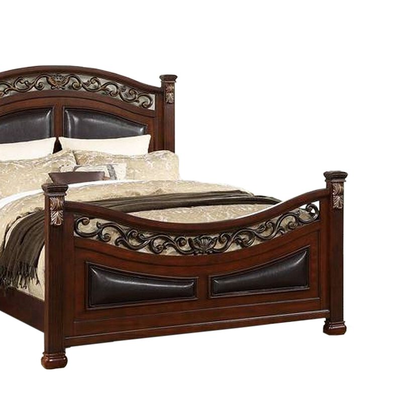 Miri California King Bed, Carved Details, Faux Leather Upholstery, Cherry - Benzara