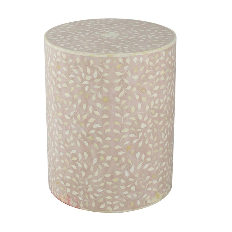 20 Inch Round Side End Table, Filigree Bone Inlay, Wood, Pale Pink, White