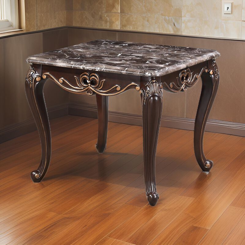 Cona 28 Inch Side End Table, Carved Gold Accents, Cherry Brown, Gray White