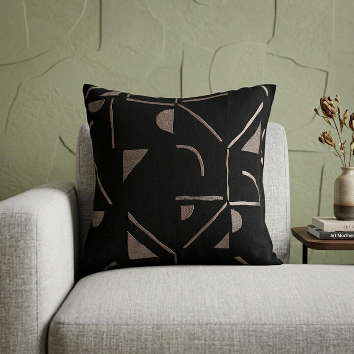 HomeRoots 20" Beige and Black Geometric Cotton Blend Throw Pillow With Embroidery