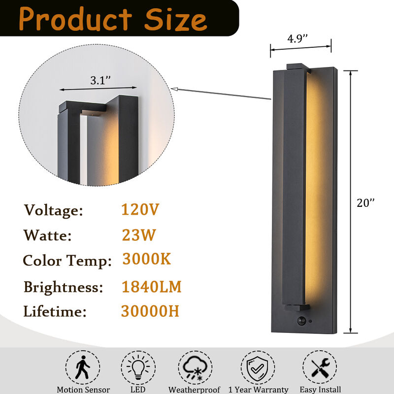 H20" Modern Motion Sensor Outdoor Wall Light 23W Integrated LED Wall Sconce in Matte Black Iron Large Exterior Light Fixture for Porch Garage Patio image number 6