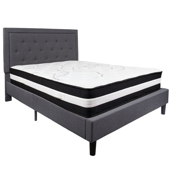 Roxbury Queen Size Tufted Upholstered Platform Bed in Dark Gray Fabric with Pocket Spring Mattress