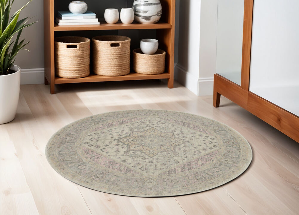HomeRoots Floral Medallion Distressed Round Rug