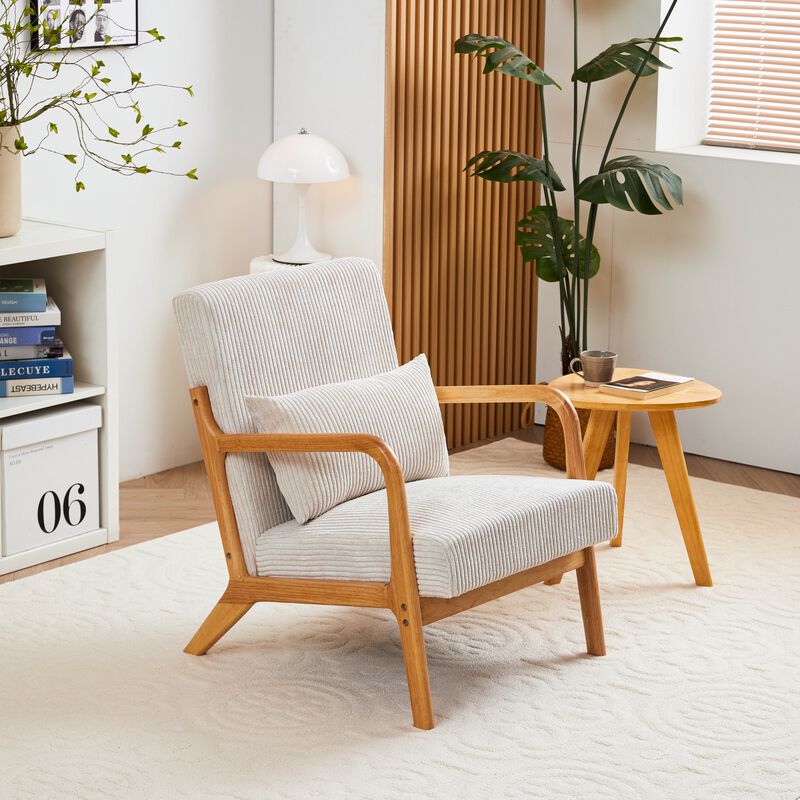Mid-Century Modern Accent Chair with Pillow, Upholstered Lounge Chair with Solid Wood Frame and Armrests for Living Room Bedroom Reading Nook image number 2