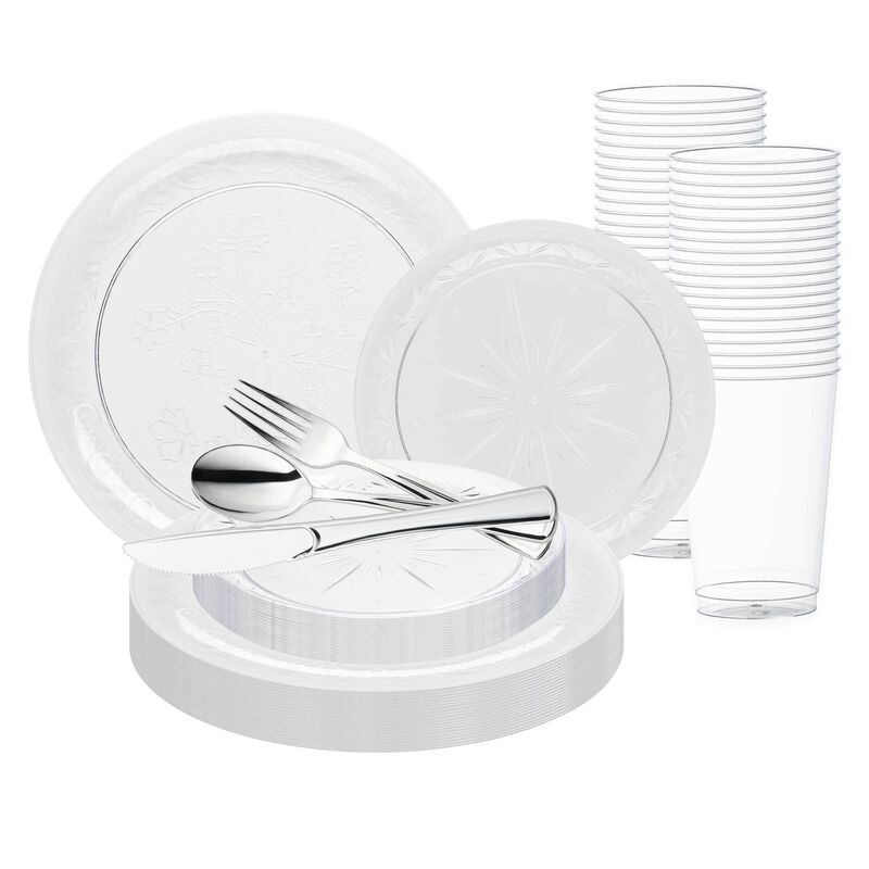 Clear Floral Round Plastic Wedding Value Set (120 Sets) image number 0
