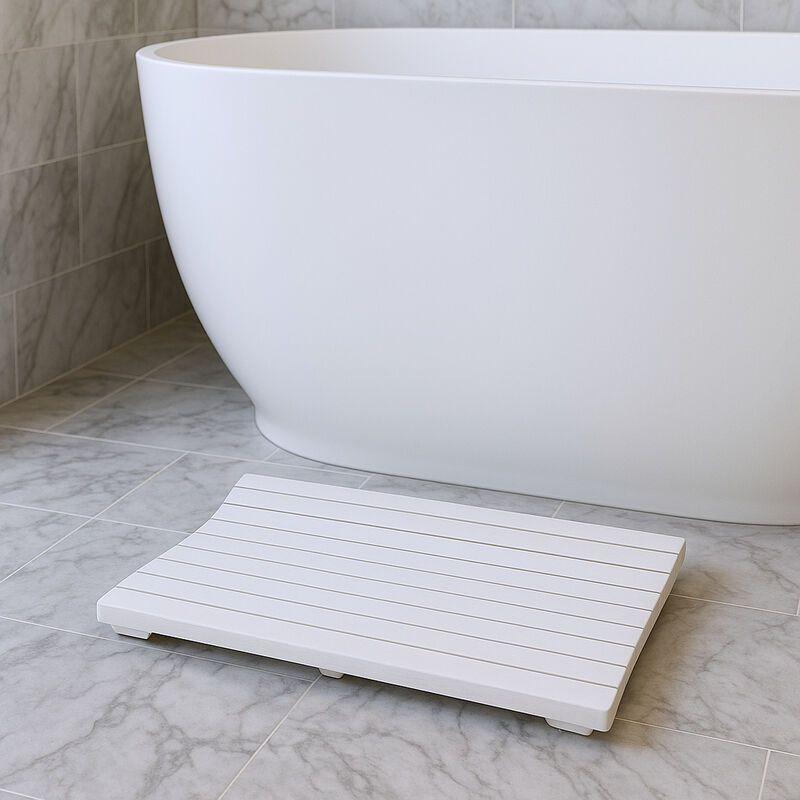 HomeRoots 23" White Teak Slat Non Slip Bath Mat image number 1