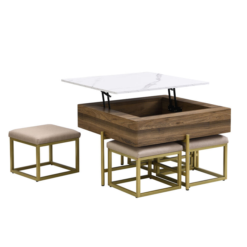 Merax Modern Square Lift-Top Coffee Table with 4 Ottomans Set