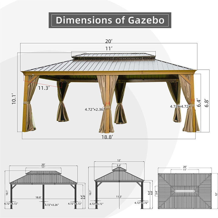 12'x 20' Hardtop Gazebo Outdoor Aluminum Wood Grain Gazebos with Galvanized Steel Double Canopy for Patios Deck Backyard, Curtains&Netting (Wood-Looking)