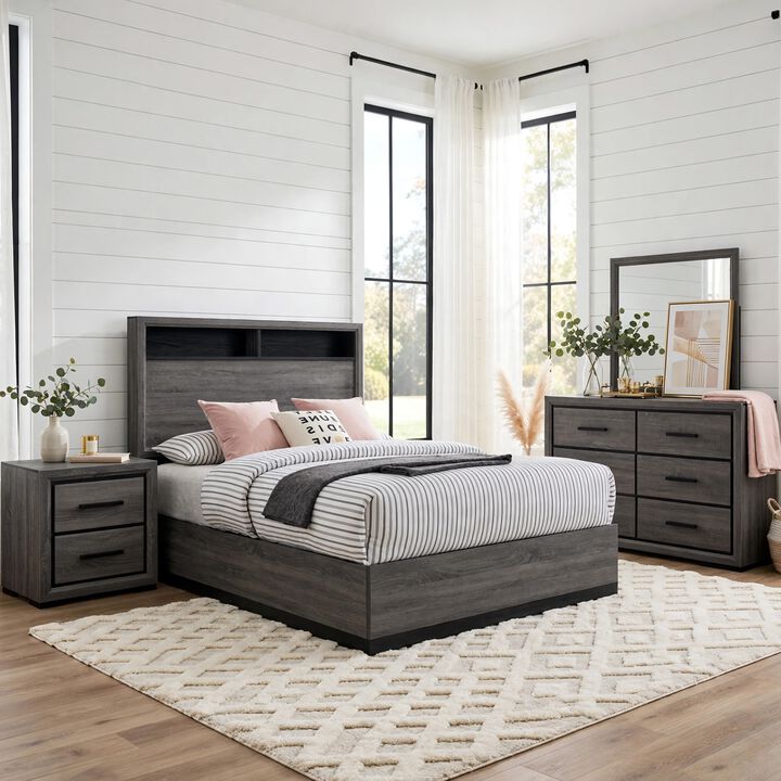 Kalie 4pc Queen Bedroom Set with Bookcase Headboard, Storage, Gray Wood