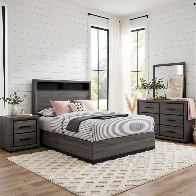 Kalie 4pc Queen Bedroom Set with Bookcase Headboard, Storage, Gray Wood image number 1