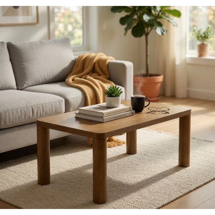 Givy Cocktail Coffee Table, Pillar-Style Legs, Brown Oak Wood 47 Inch