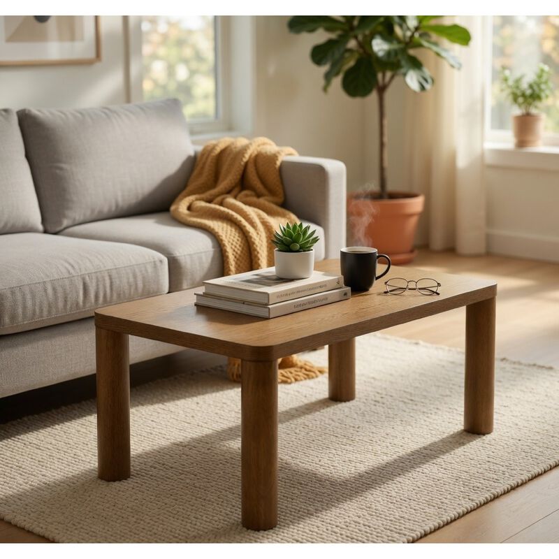 Givy Cocktail Coffee Table, Pillar-Style Legs, Brown Oak Wood 47 Inch image number 1