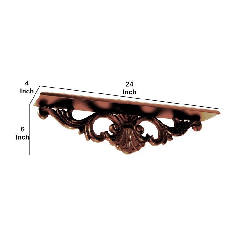 Hand Carved Wooden Wall Shelf with Floral Design Display, Brown - Benzara