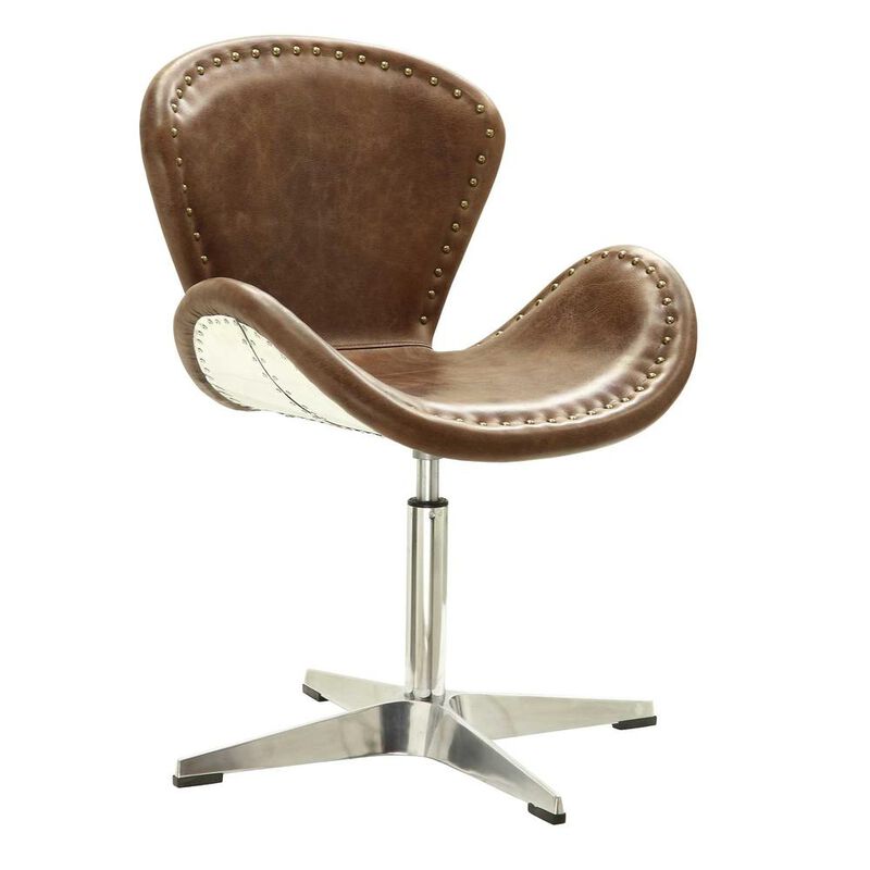 Acme Furniture Brancaster Accent Chair w/Swivel (1Pc), Retro Brown Top Grain Leather & Aluminum, 22 Seat Height (96554)