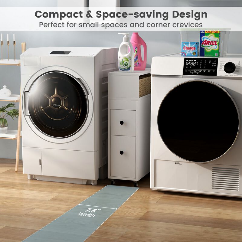 Costway Movable Bathroom Storage Cabinet Narrow Toilet Side Paper Holder w/ 2 Drawers