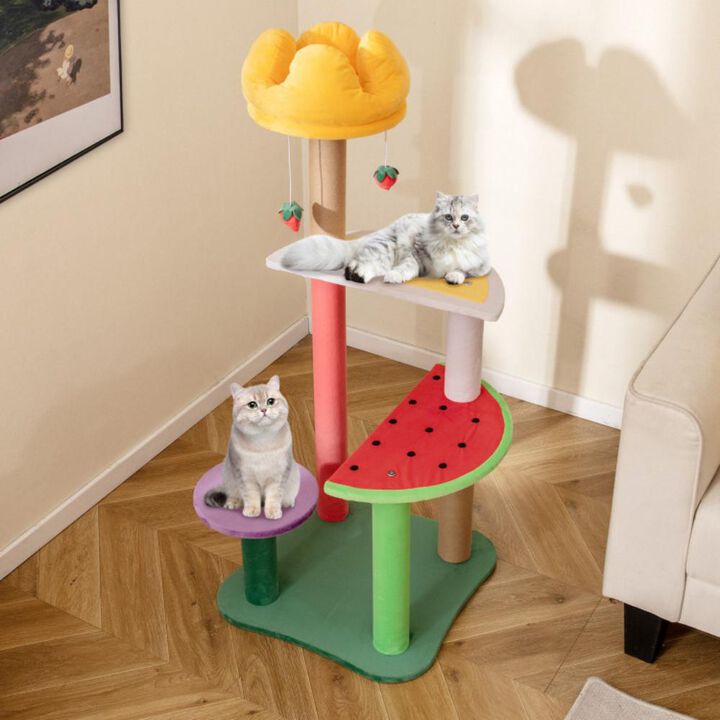 Hivvago 45 Inch Multi-Level Cat Tree with Plush Padded Top Perch and Fruit-Shaped Platforms