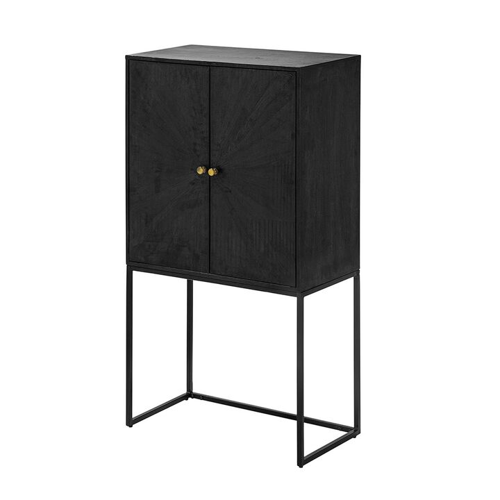 59 Inch Accent Cabinet, 2 Doors, Iron Stand, Acacia Wood, MDF, Black  - Benzara