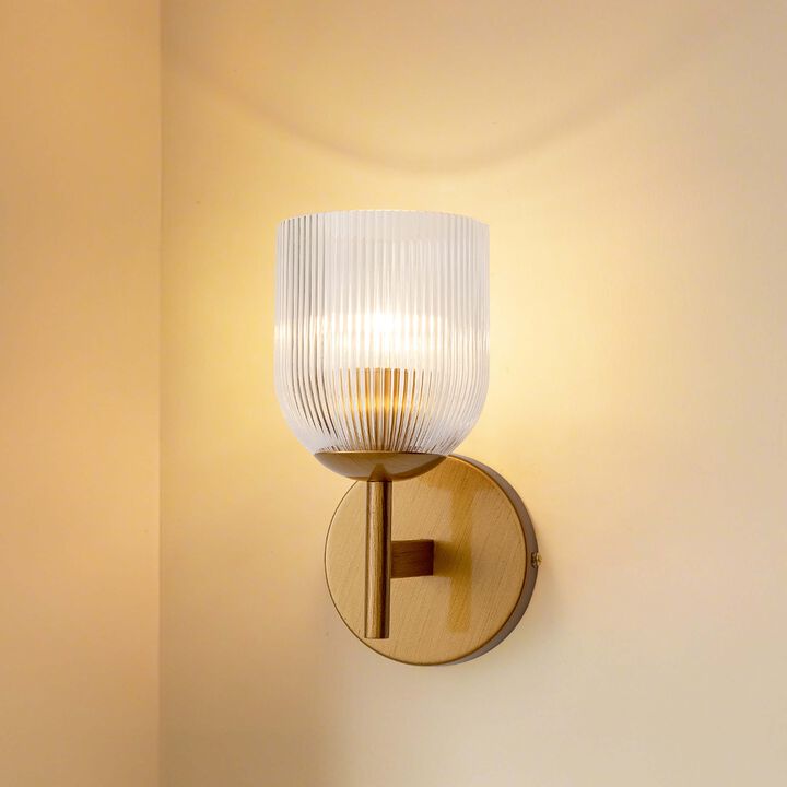 Alda 1 Light Mini Clear Ribbed Glass Shade Wall Sconce - Medium‑gloss Brushed Brass Finish