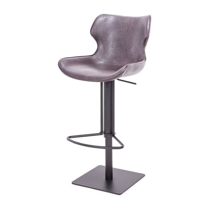22-31 Inch Adjustable Height Barstool, Gray Vegan Faux Leather, Curved Back-Benzara