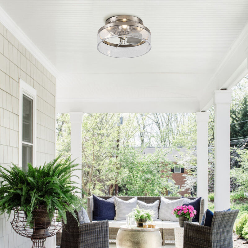 12.6" Small Satin Nickel Flush Mount Ceiling Fan with Light