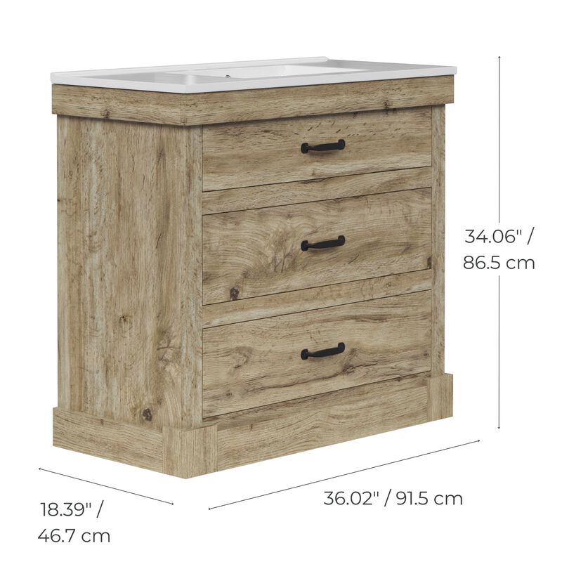 Teamson Home Donovan 36" Single Bathroom Vanity with Integrated Square Sink and Two Drawers, Light Oak image number 2