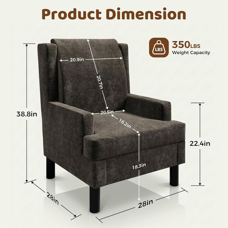 2 Pcs Upholstered Wingback Accent Chair, Modern Reading Armchair for Living Room, Bedroom,Dark Brown image number 1