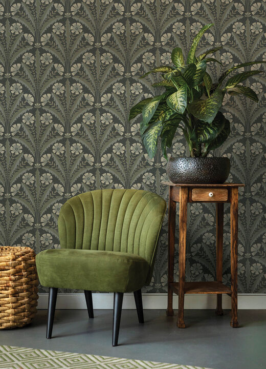 Tap Root Charcoal Floral Damask Wallpaper