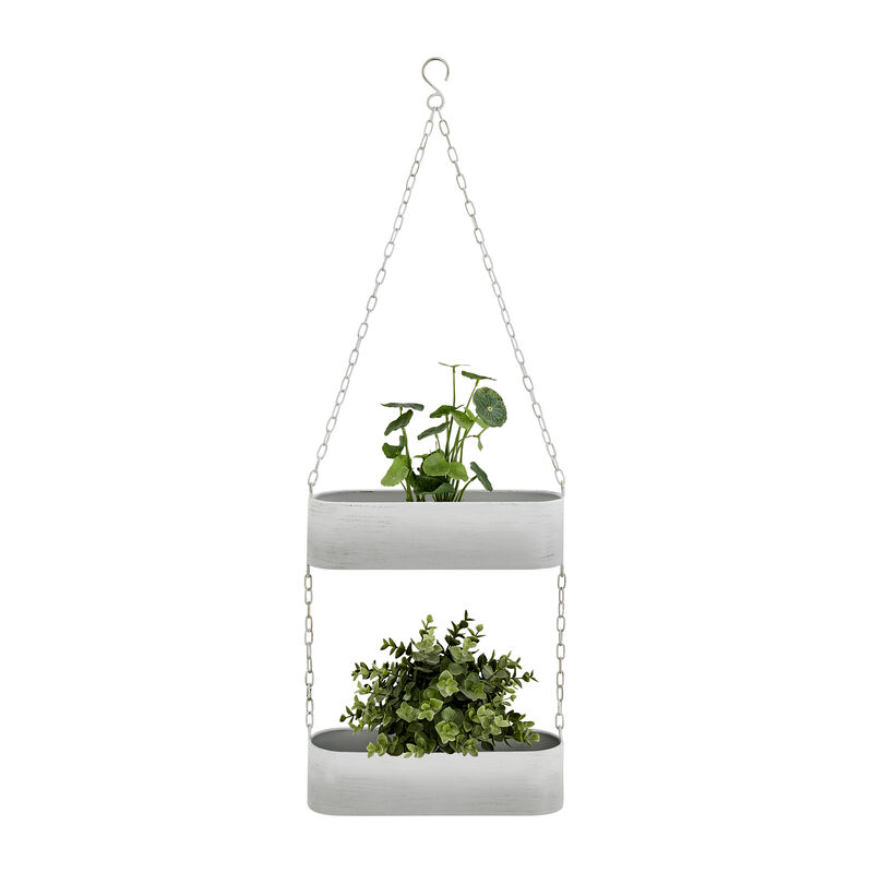 Two-Tier Hanging White Metal Trough Wall Planter