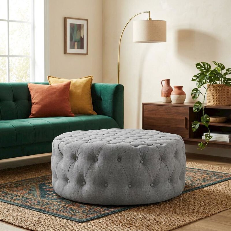 Light Gray Fabric Ottoman, Neutral Soft Upholstered Seat for Room image number 4