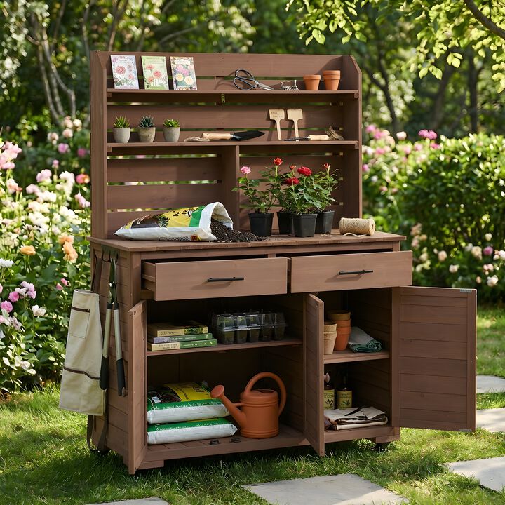 Whisen 65"H Rustic Garden Potting Table with Wheels, Lockable Storage Cabinet & Hutch Top