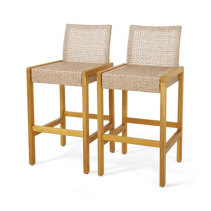 Set of 2 Rattan Patio Wood Barstools Dining Chairs with Backrest-Set of 2