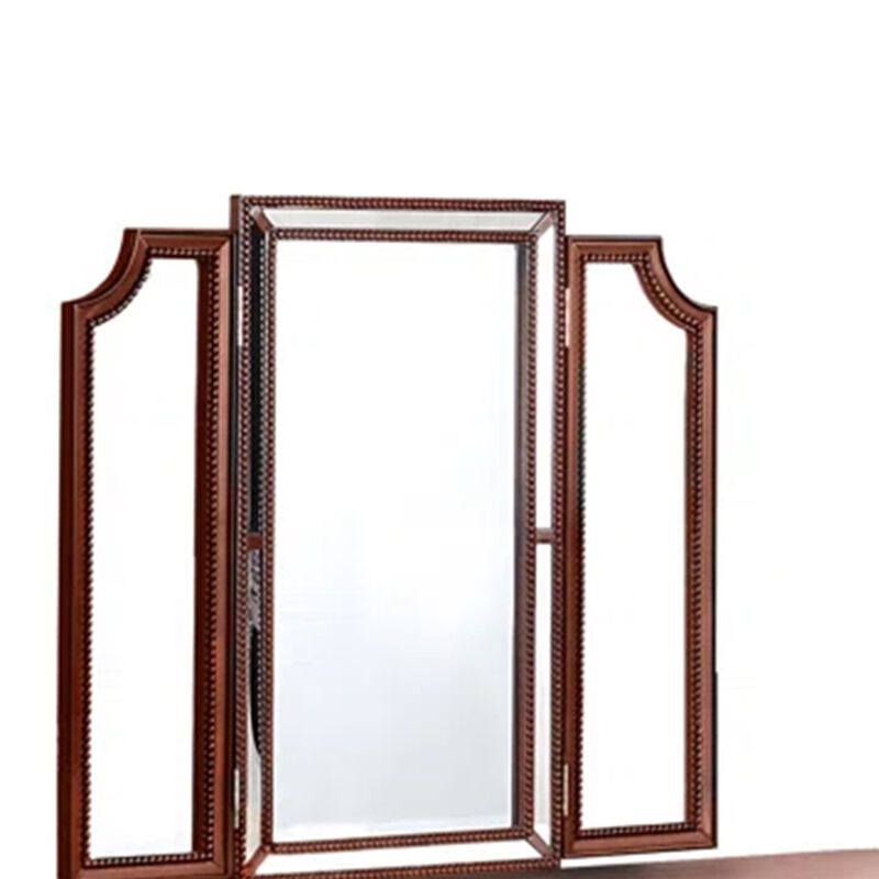 Thuy 60 Inch Vanity Desk Set, Upholstered Stool, Trifold Mirror, Brown