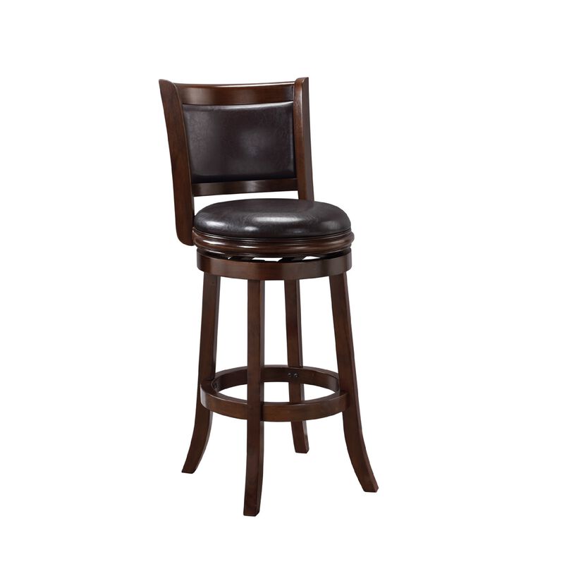 Pal 29 Inch Swivel Bar Stool, Solid Wood, Rich Faux Leather, Espresso Brown - Benzara image number 1