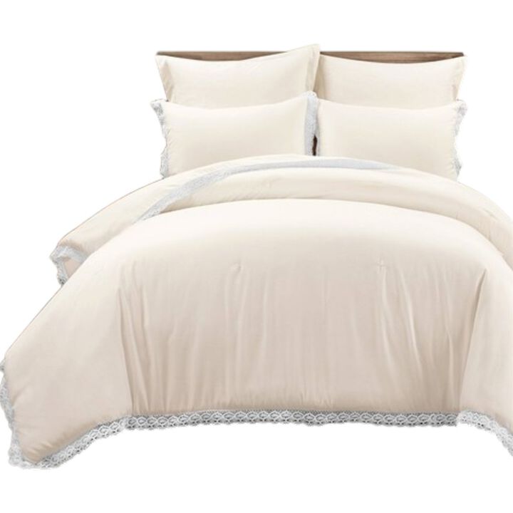 Hivvago Full/Queen French Country Ivory 5-Piece Lightweight Comforter Set w/ Lace Trim
