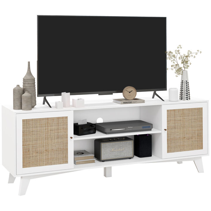 HOMCOM TV Stand for 65 Inch TV, Boho TV Cabinet with Rattan Doors, Adjustable Shelves and Storage Cabinets, Entertainment Center for Living Room, White