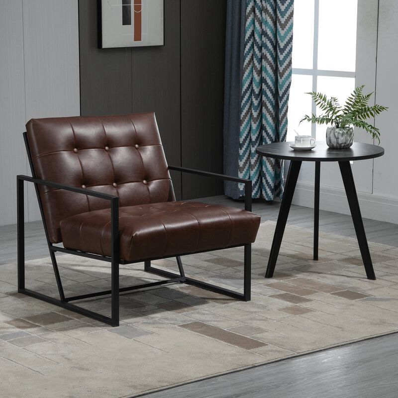 Brown Mid-Century Seat: Faux Leather Accent Chair with Metal Frame