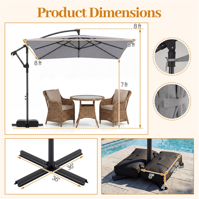 Clihome 8x8 ft Offset Cantilever Patio Umbrella Outdoor Market Square Umbrella with 360 Rotation-Gray in Brown | Mathis Home