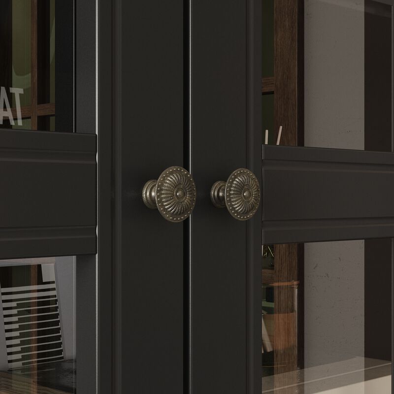 FUFU&GAGA Modern Storage Cabinet with 2 Glass Doors and 1 Drawer, Vintage Handles, Solid Painted Wood Legs, Tall Base Design (34.6 in. W x 15.7 in. D x 77.2 in. H), Black