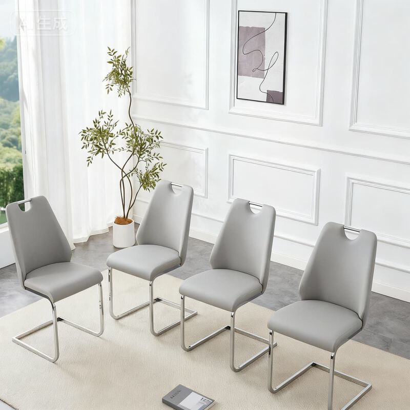 Set of 2 PU Leather Dining Chairs, High Back Upholstered Dining Chair with Ring Pull Handle, Modern Rectangular Back Dining Chair image number 3