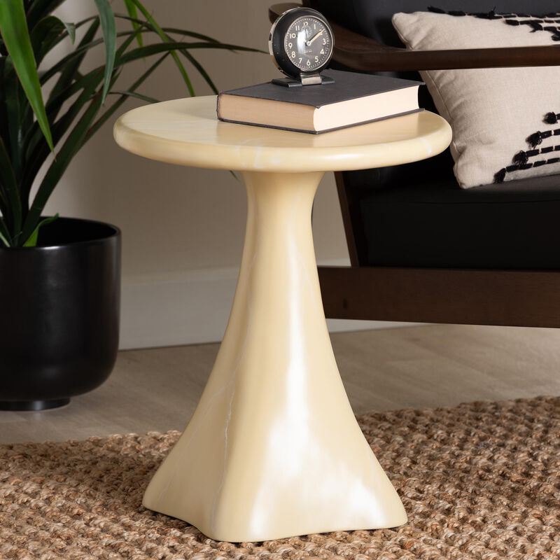 bali & pari Aponi Marbled Resin End Table - Sculptural Side Table with Round Top and Pedestal Base, Modern Contemporary Statement Furniture, Cream