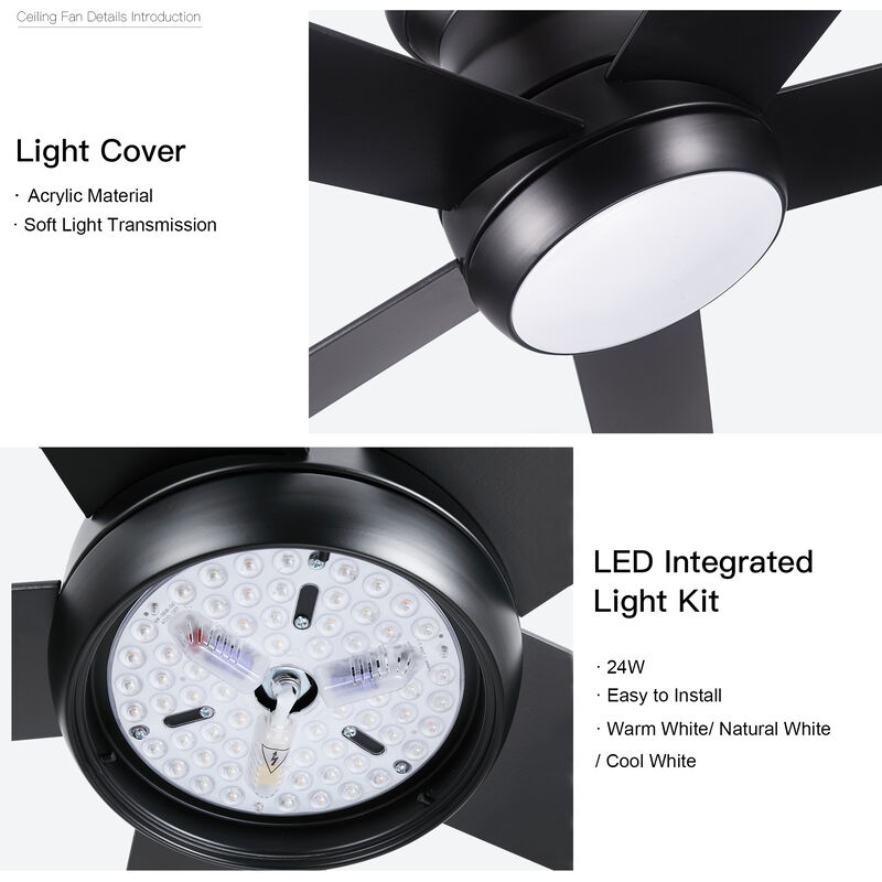 52 Inch Low Profile Ceiling Fan with Light, Matte Black DC Motor Fan with Remote image number 4