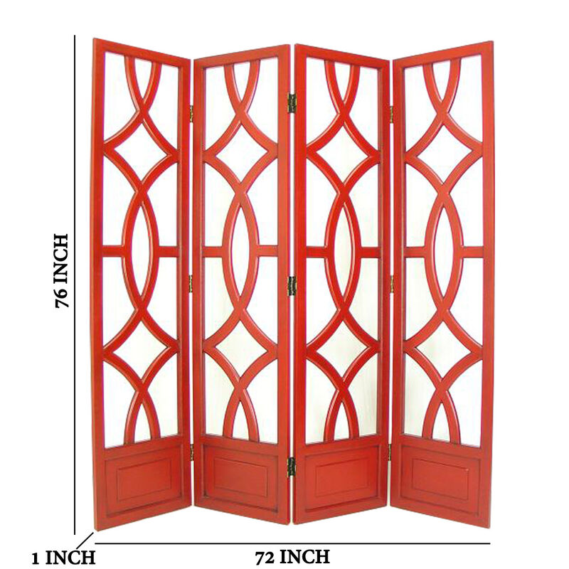 Wooden 4 Panel Room Divider with Open Geometric Design, Red-Benzara