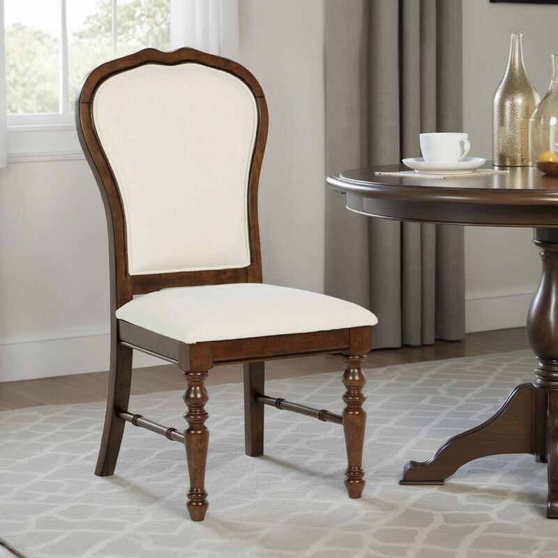 Monta Dining Side Chair Set of 2, Classic Brown Wood, Ivory Fabric - Benzara