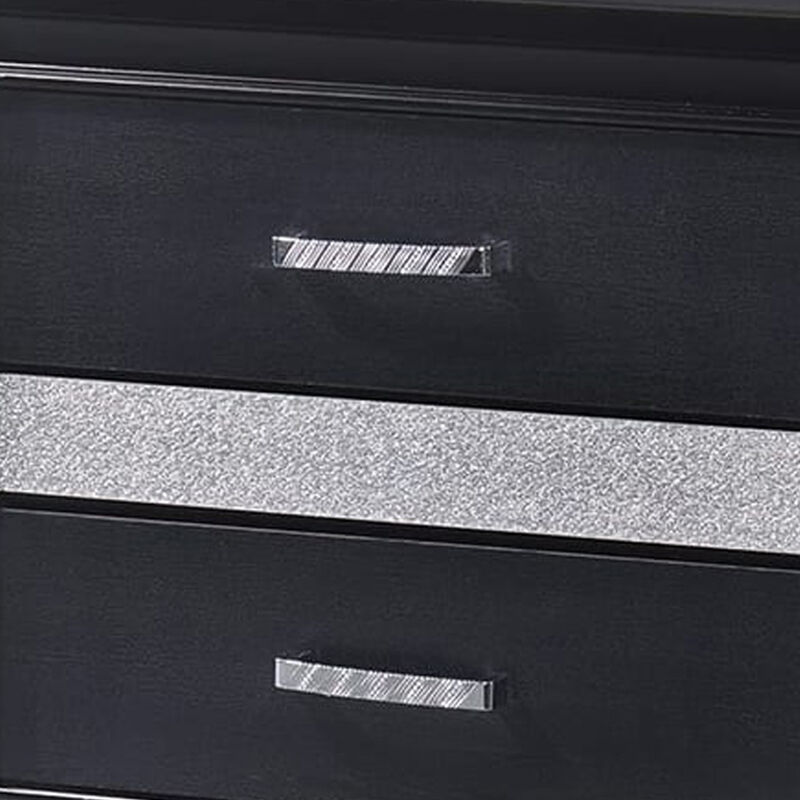 Nightstand with 2 Drawers and Rhinestone Pull Handles, Black and Silver-Benzara image number 3