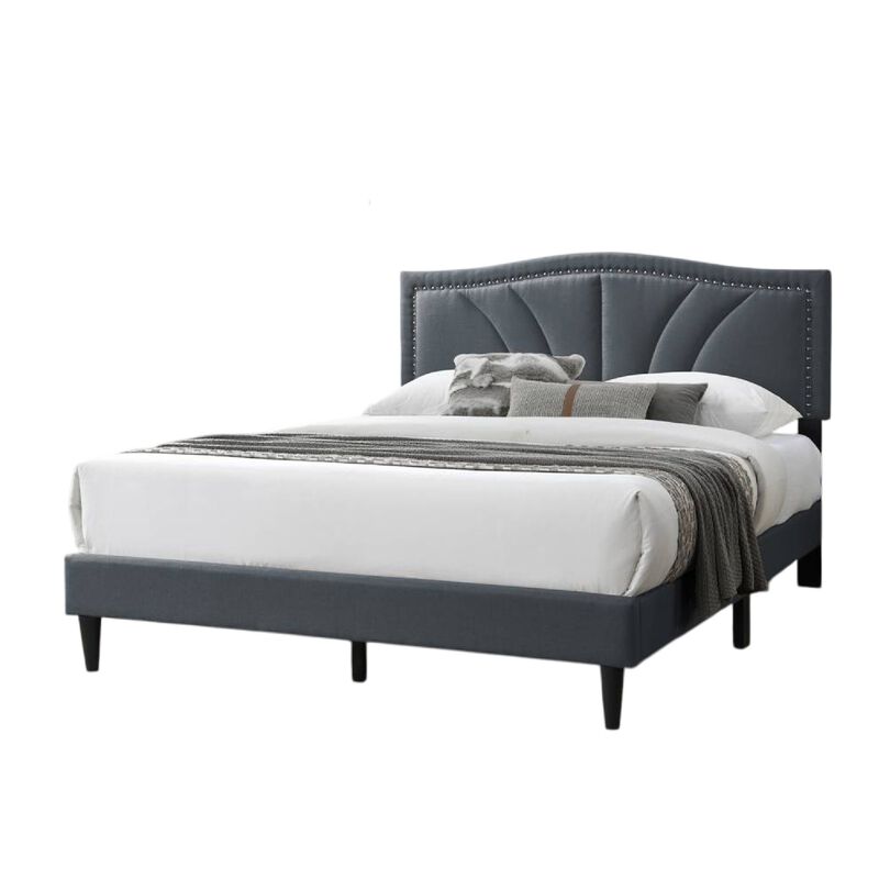 Reo Queen Size Bed, Charcoal Gray Burlap Upholstered Curved Headboard - Benzara