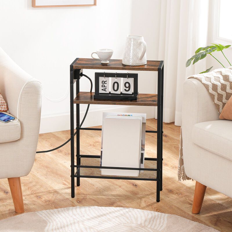 Compact Side Table with Charging Station for Living Room or Bedroom- Brown image number 3