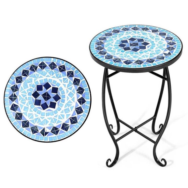 Hivvago Indoor/Outdoor Blue Mosaic Round Side Accent Table Plant Stand
