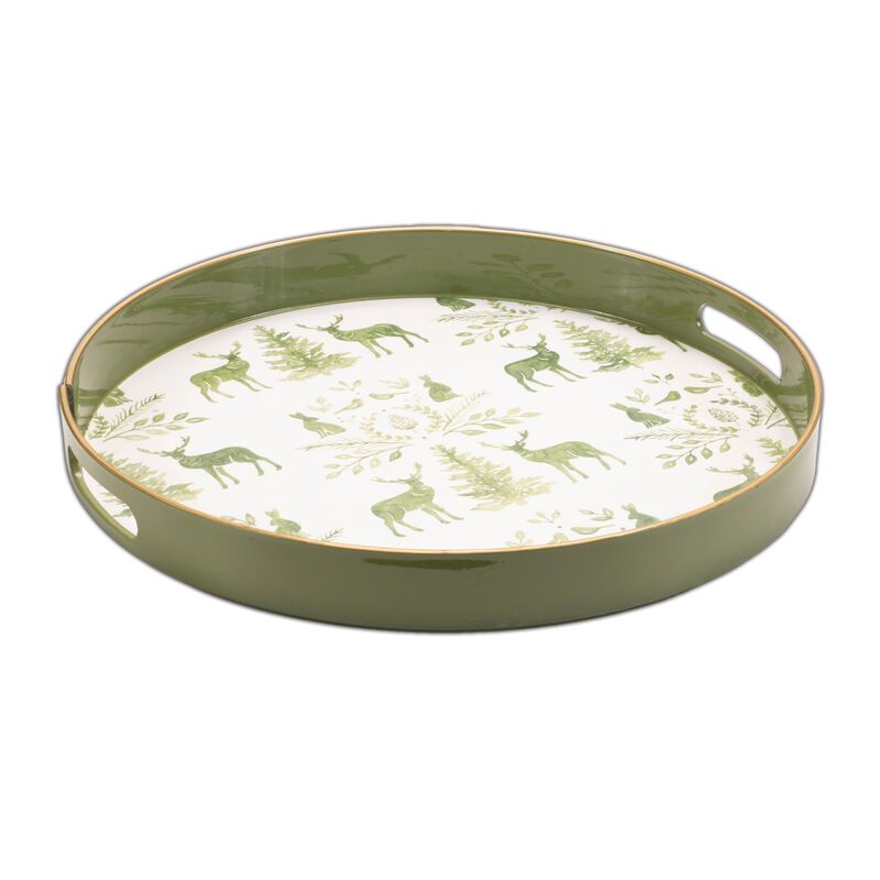 Round Tray with Deer and Pine Tree Print for Holiday Serving or Table Display