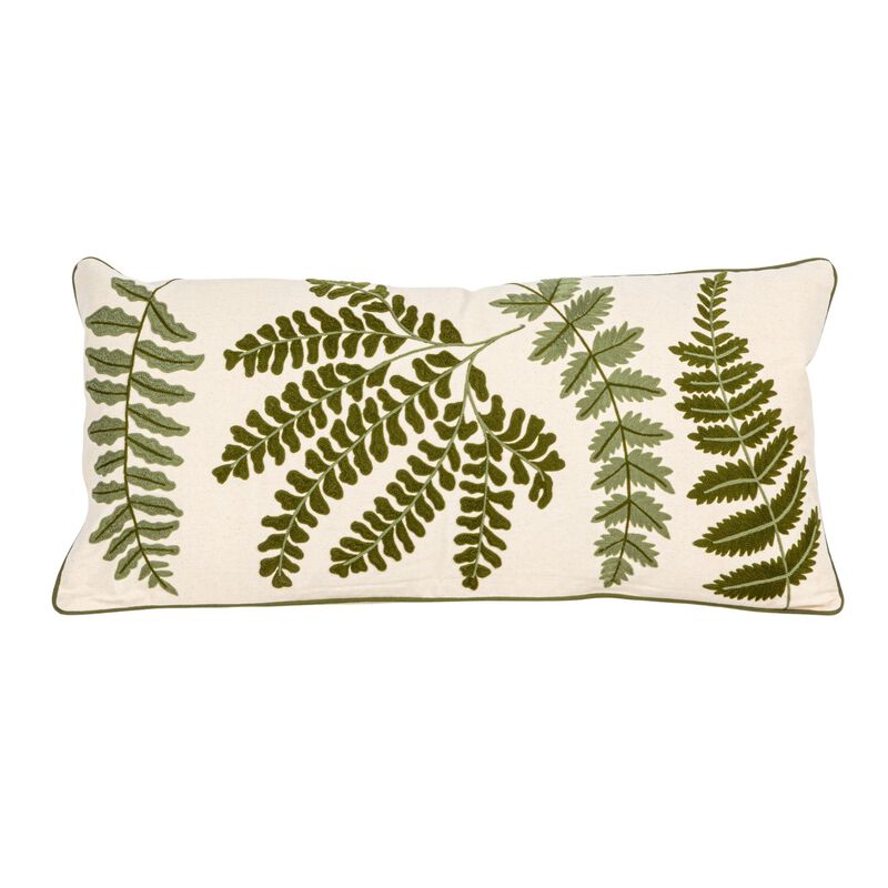 Cotton Lumbar Pillow with Fern Fronds Embroidery, Cream and Green image number 2