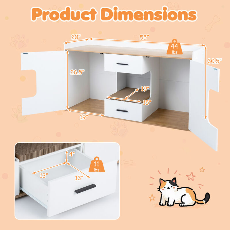 Multi Functional Wooden Cat House Cabinet with Wide Top 2 Drawers and 2 Door Storage for Cats image number 2